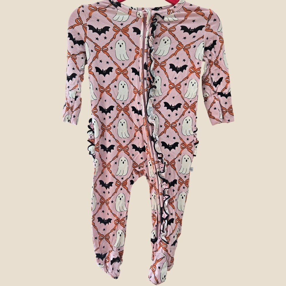 Caden Lane Pink Halloween Ghost Bat Ruffle Bamboo Footie Sleeper 0-3M